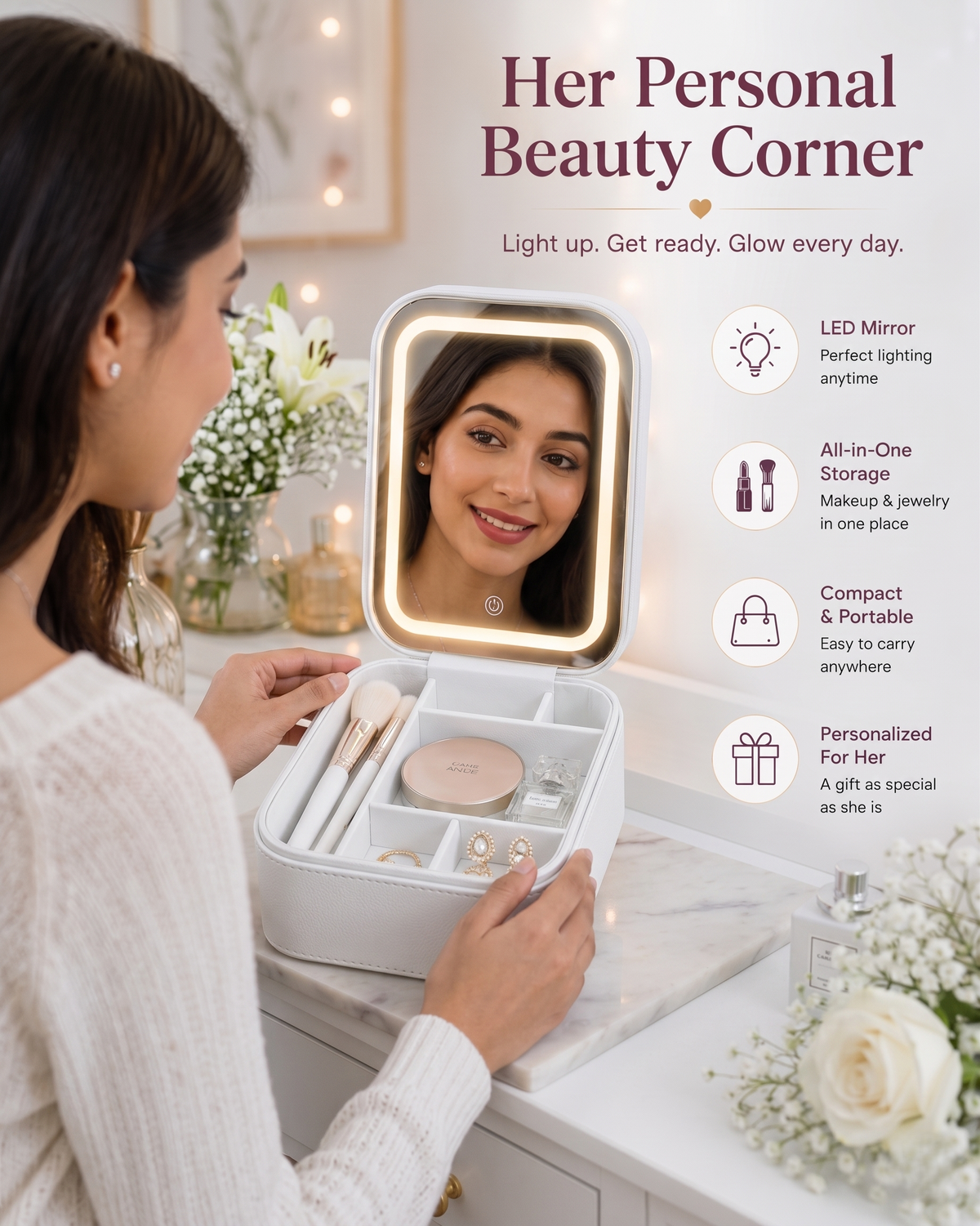Personalized LED Mirror Jewelry and Makeup Kit Box For Girls.