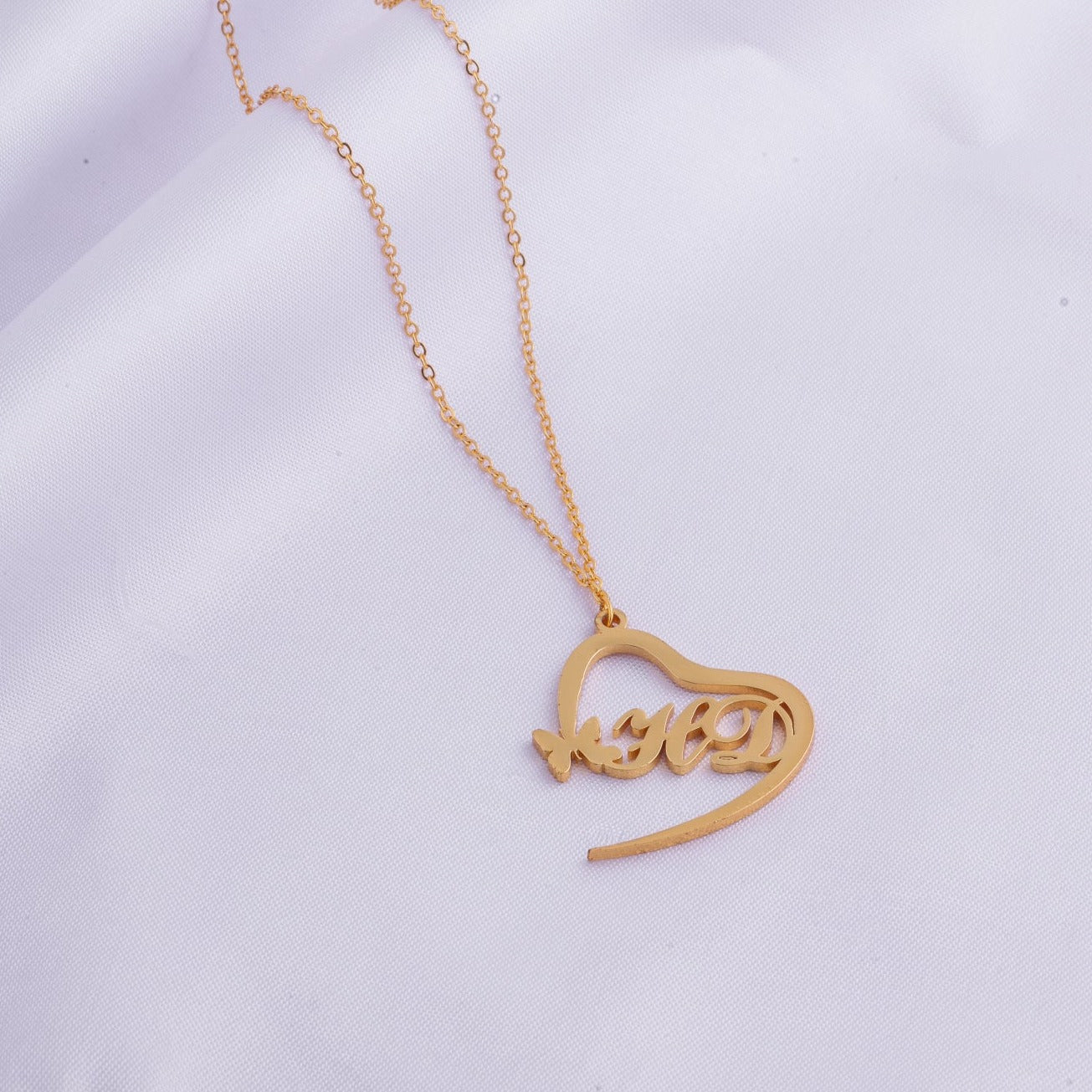 Double Initial Heart Necklace With Butterfly