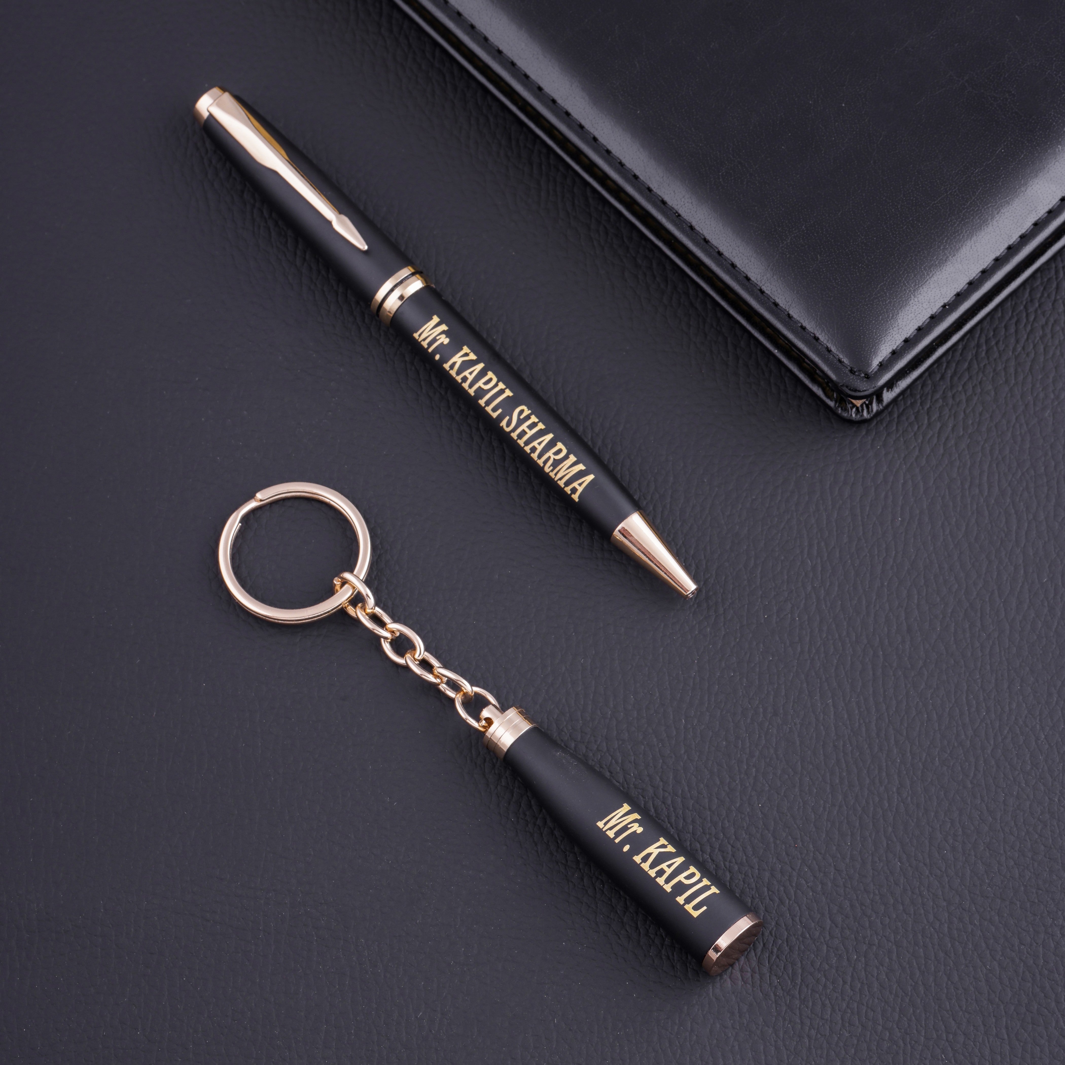 Matte Black Pen And Keychain Combo With Name