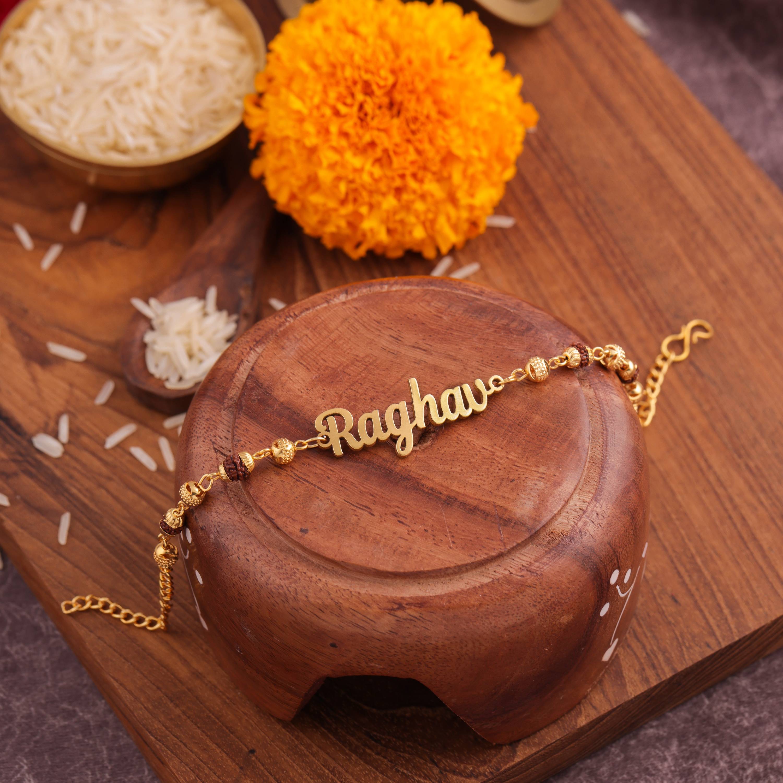 Golden Customized Rakhi With Rudraksha Chain 