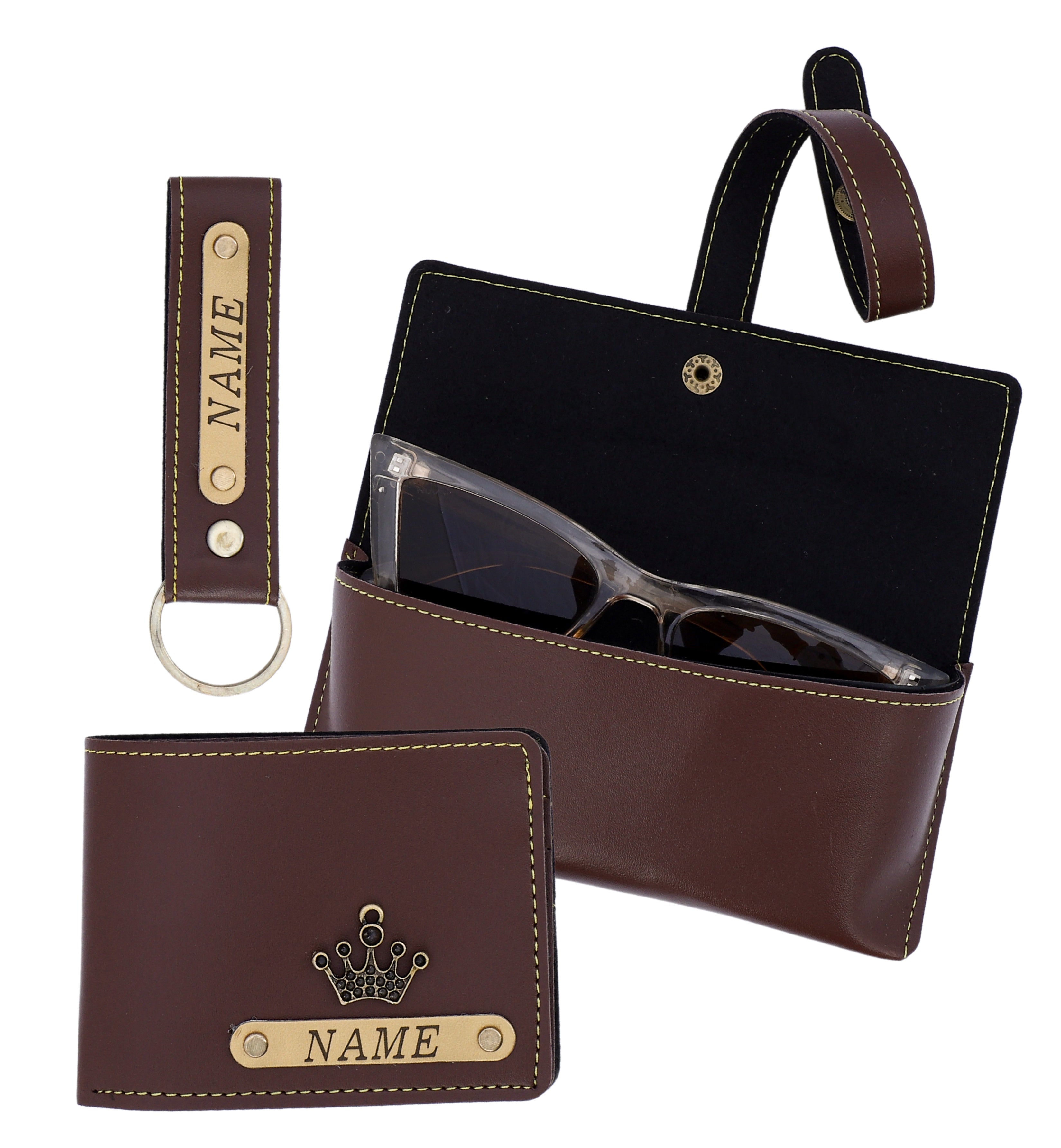 Personalized Wallet, Keychain And Sunglasses Cover Combo | Brown Color